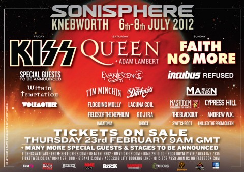 Sonisphere UK 2012 Lineup - Queen, Kiss and Faith No More